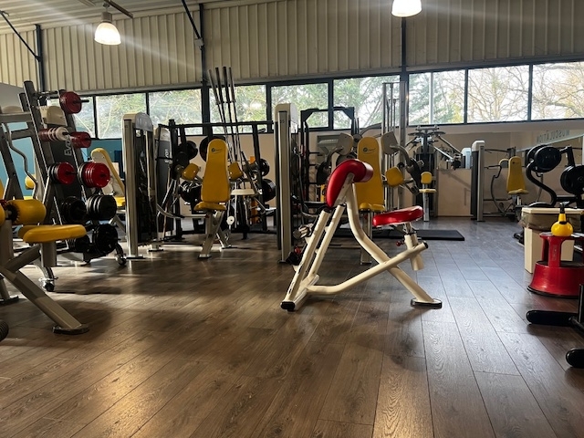 Détails de l'espace musculation avec curl pupitre, machines à triceps et biceps