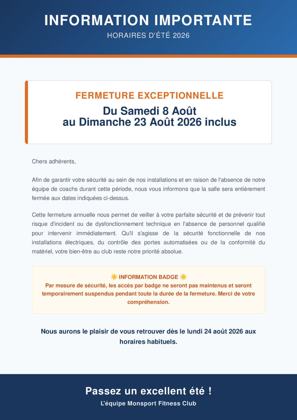 AFFICHE FERMETURE ETE 2026