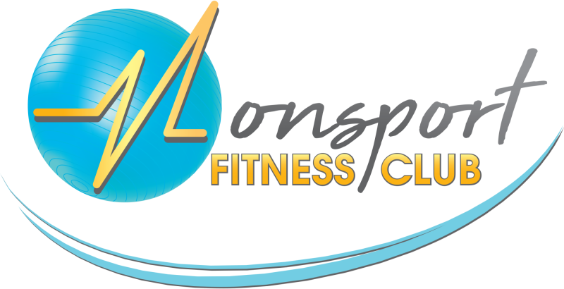 Logo Monsport Fitness Club avec balle de fitness bleu et M jaune